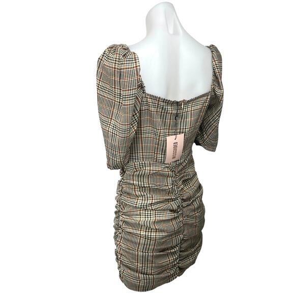 NEW Missguided Brown Checkered Plaid Puff Sleeve Ruched Mini Bodycon Dress Sz 4 - Picture 2 of 5